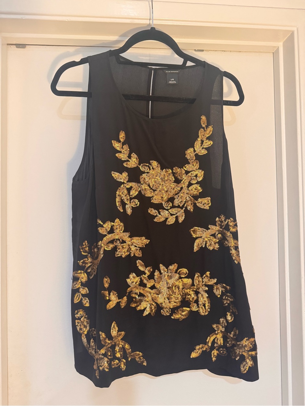 Club Monaco Women’s Black & Gold Sequin Floral Top – Size L